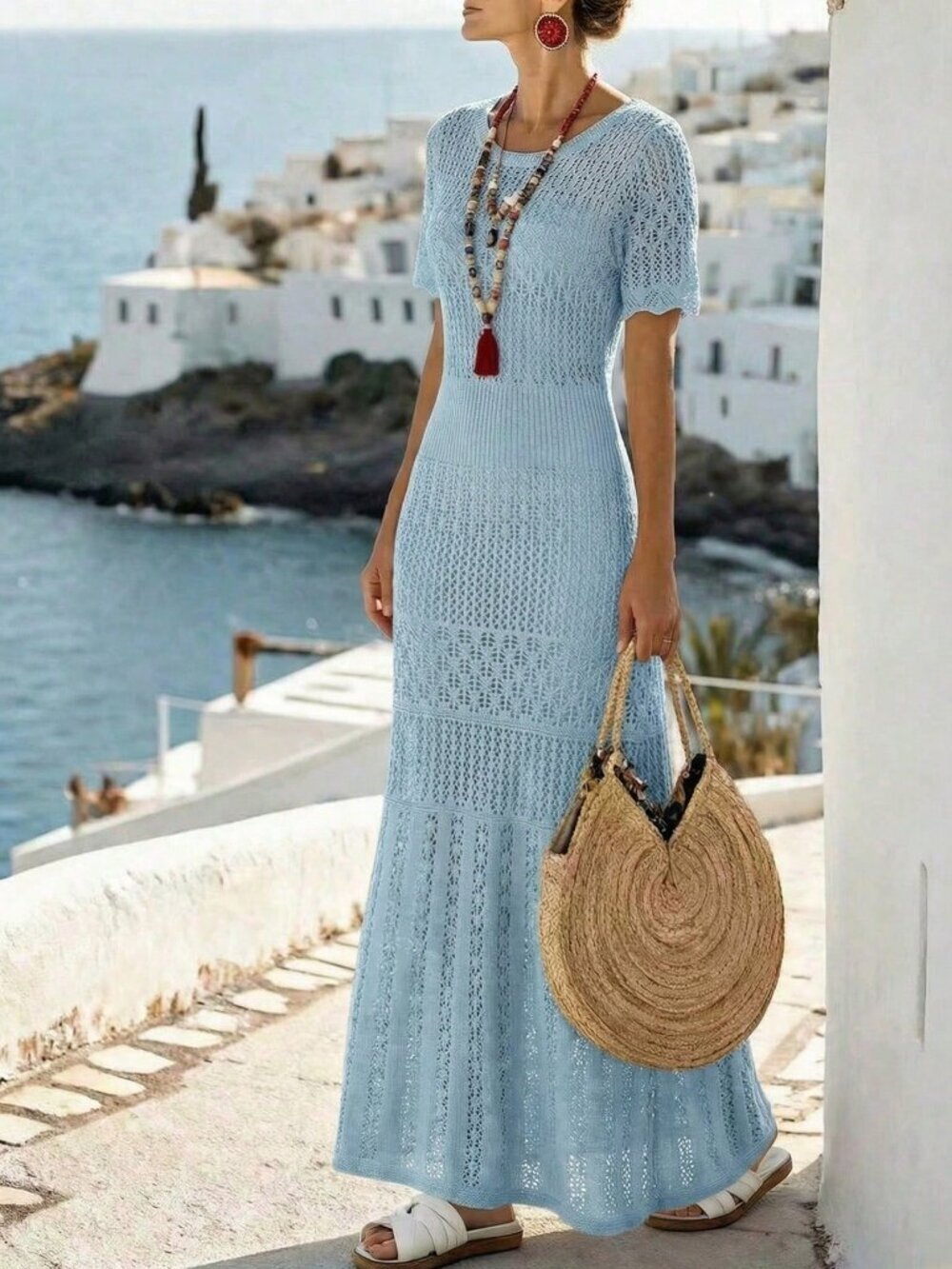 Blue Elegant Women's Style Sexy Fitted Knitted Sweater Dress